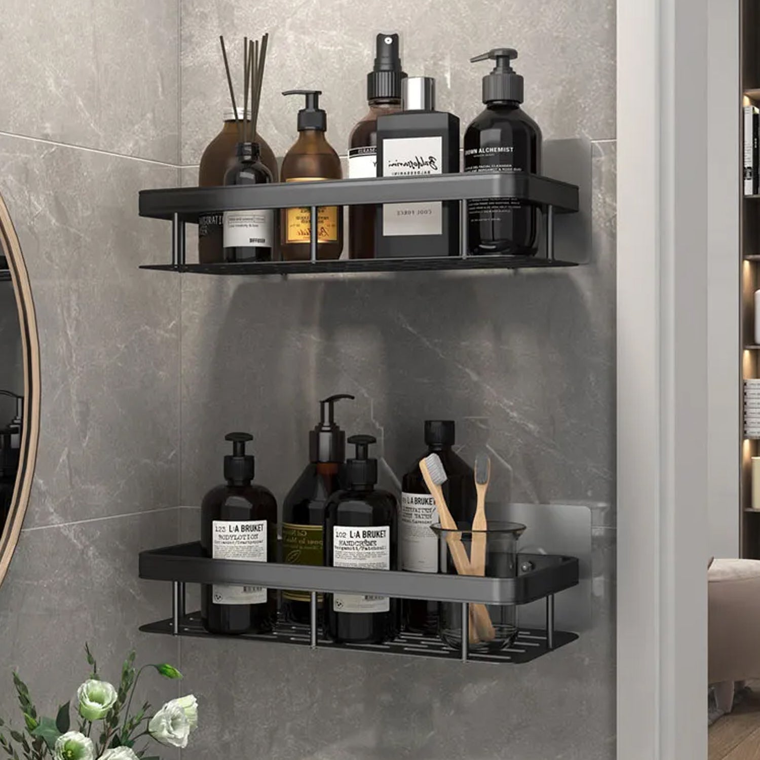 8083 Storage Rack Bathroom High Quality Metal Alloy Black Wall Mounted Shower Rack, Shelf For Bathroom Storage DeoDap