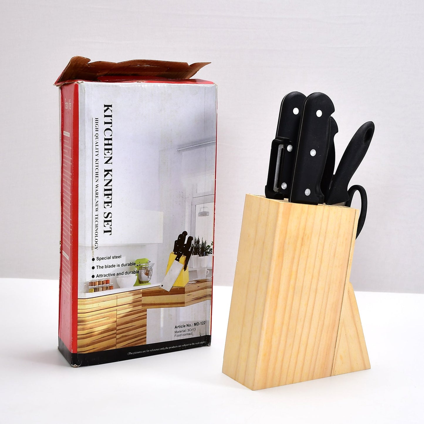 7098 7 Piece Kitchen Knife Set and Vegetable Peeler Set with wooden block DeoDap