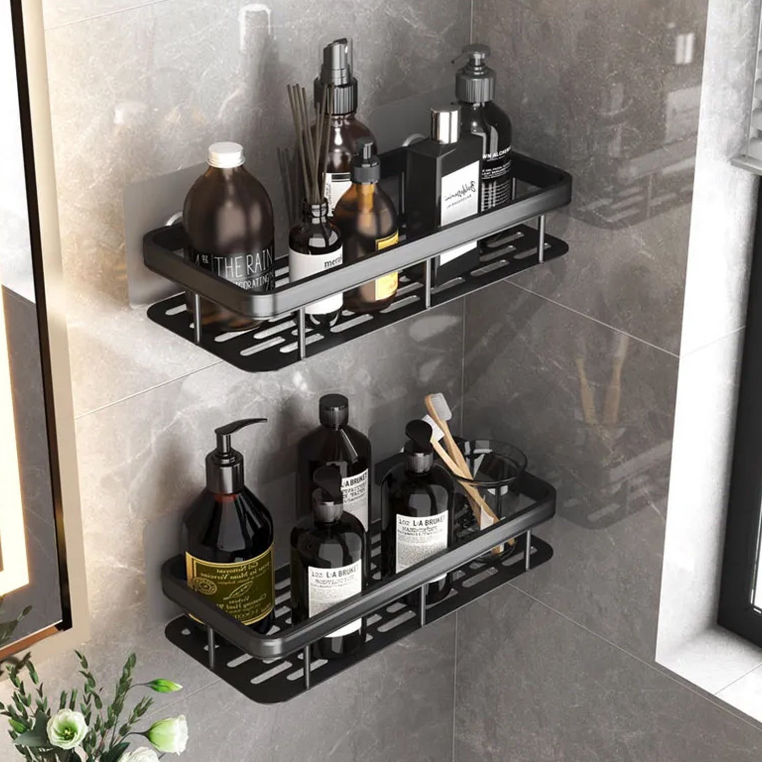 8083 Storage Rack Bathroom High Quality Metal Alloy Black Wall Mounted Shower Rack, Shelf For Bathroom Storage DeoDap