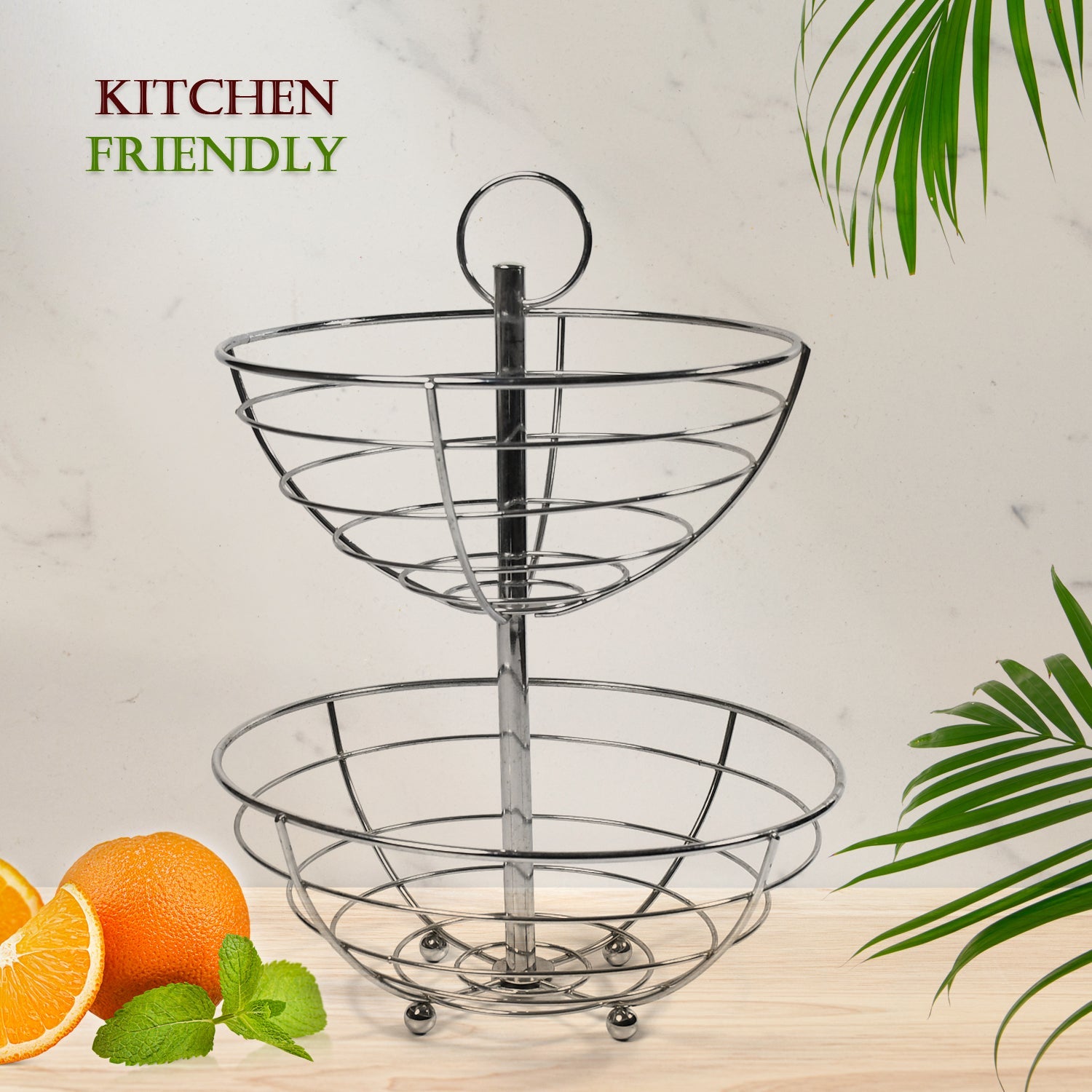 5224  2 Tier Steel Fruit Basket Bowl Fruit Bread Organizer Storage Holder Stand with Modern Design for Gift Home Party DeoDap