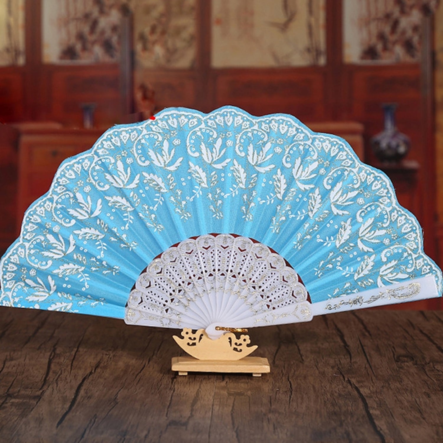 4930 Hand Folding Fan, Chinese Vintage Style Handheld Fan with Fabric Sleeve DeoDap