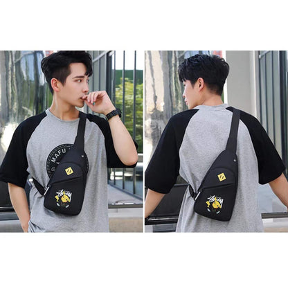 0324 cartoon fancy Waterproof Anti Theft Crossbody fanny pack waist bag PU Leather Shoulder Bags Chest Men Casual fashion USB Charging earphone hook Sling Travel Messengers Bag DeoDap