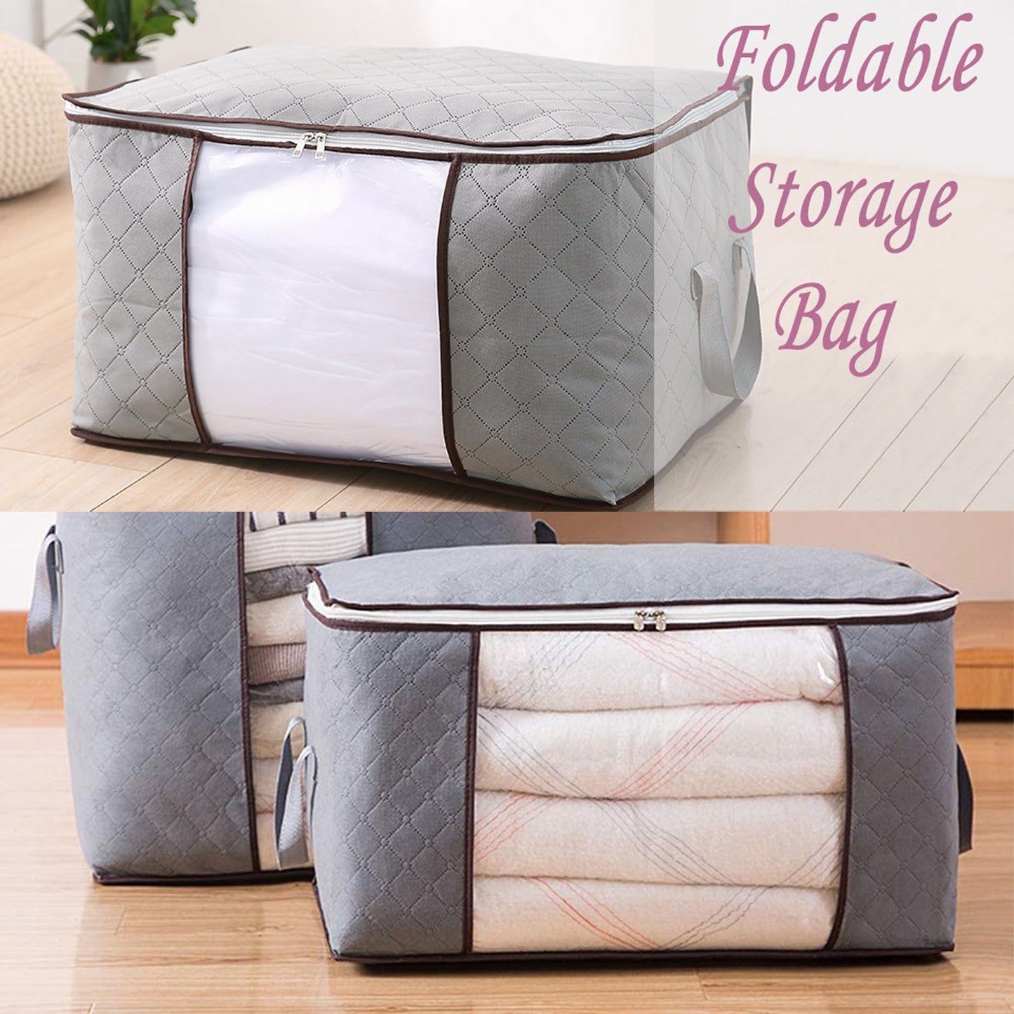 6262 Storage bag with Zipper and Space Saver Comforter bag, Pillow, Quilt, Bedding, Clothes, Blanket Storage Organizer Bag with Large Clear Window and Carry Handles for Closet. DeoDap