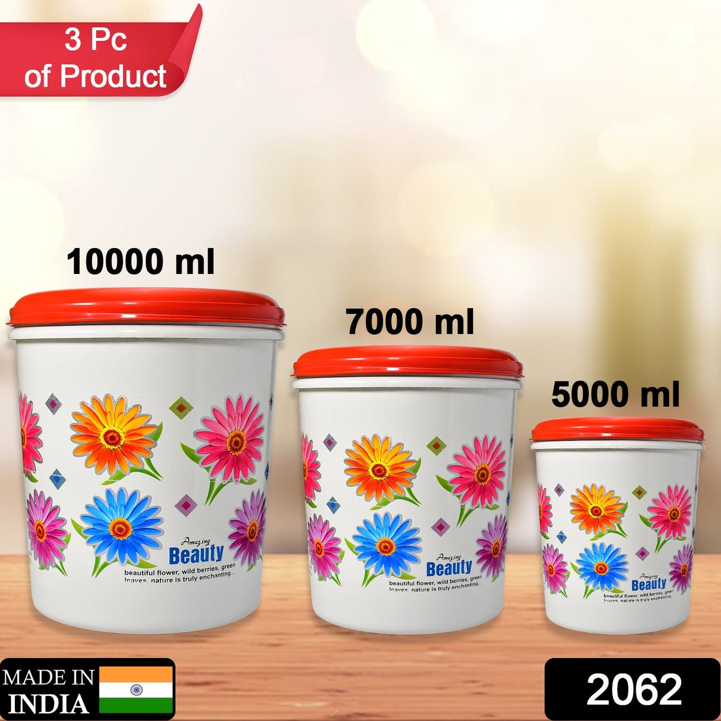 2062 Kitchen Airtight & Food Grade Plastic Floral Design Grocery Storage Container/Jar. Set of 3pcs - 5000ML, 7000ML, 10000ML DeoDap