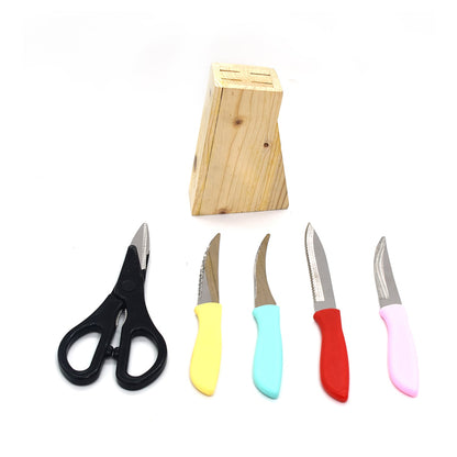 2799 Stainless Steel Kitchen 5-Pcs Knife Set with Wooden Stand for Vegetable & Meat Cutting Scissor (Knife Set) DeoDap