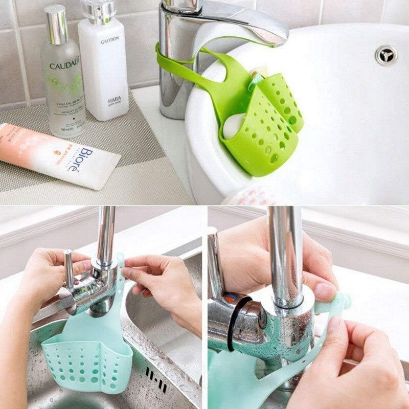 762 Adjustable Kitchen Bathroom Water Drainage Plastic Basket/Bag with Faucet Sink Caddy DeoDap