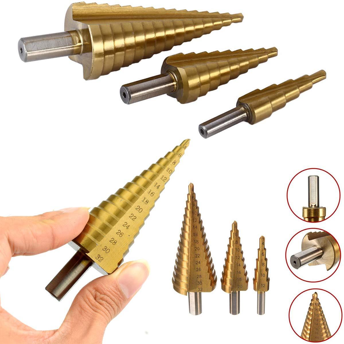 437 -3X Large HSS Steel Step Cone Drill Titanium Bit Set Hole Cutter (4-32, 4-20, 4-12mm) DeoDap