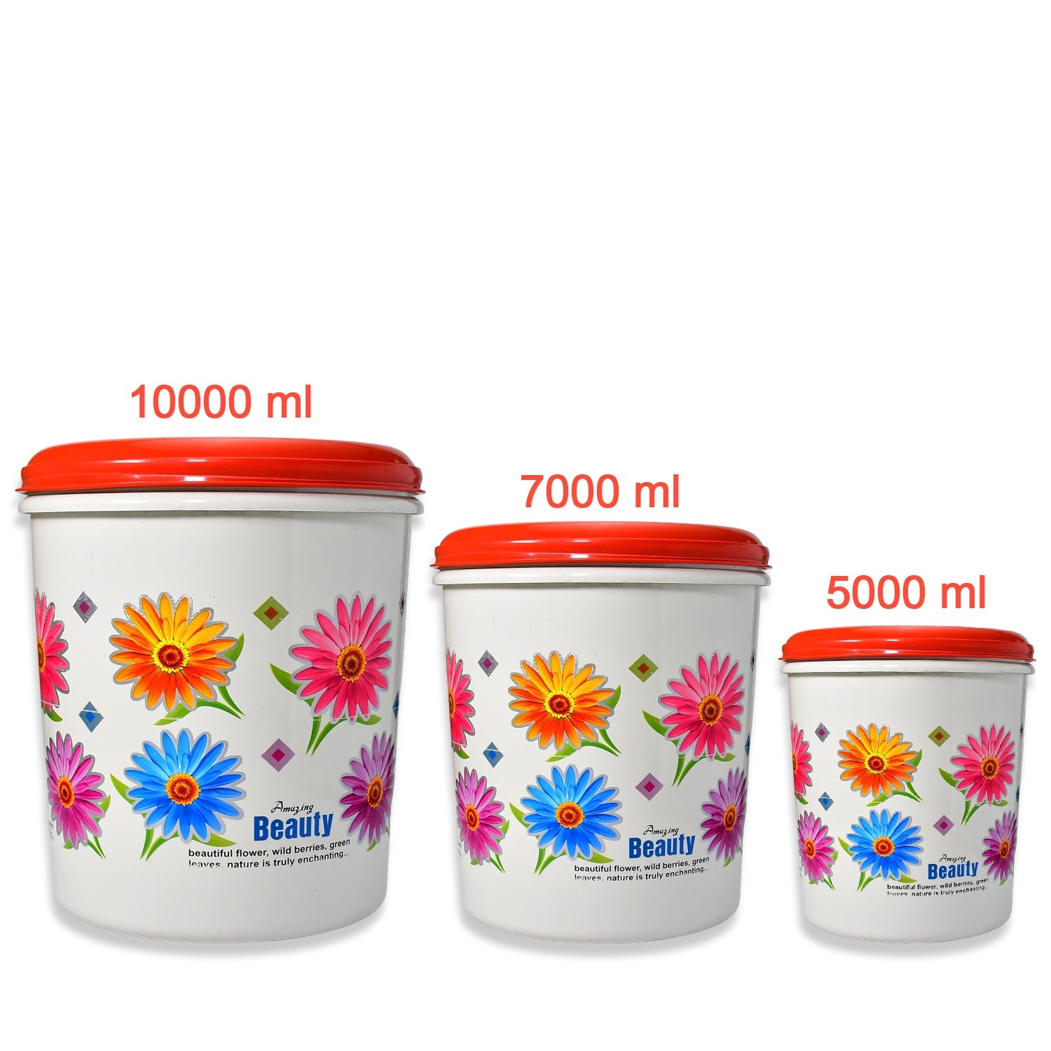 2062 Kitchen Airtight & Food Grade Plastic Floral Design Grocery Storage Container/Jar. Set of 3pcs - 5000ML, 7000ML, 10000ML DeoDap