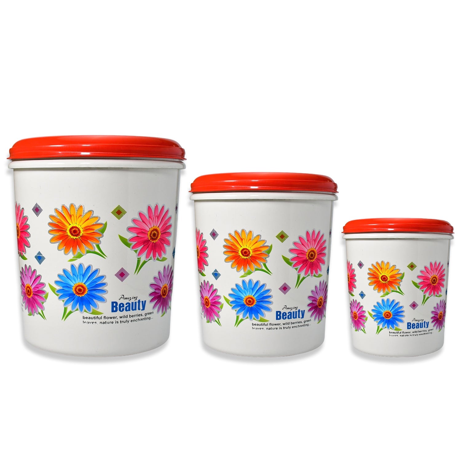 2062 Kitchen Airtight & Food Grade Plastic Floral Design Grocery Storage Container/Jar. Set of 3pcs - 5000ML, 7000ML, 10000ML DeoDap