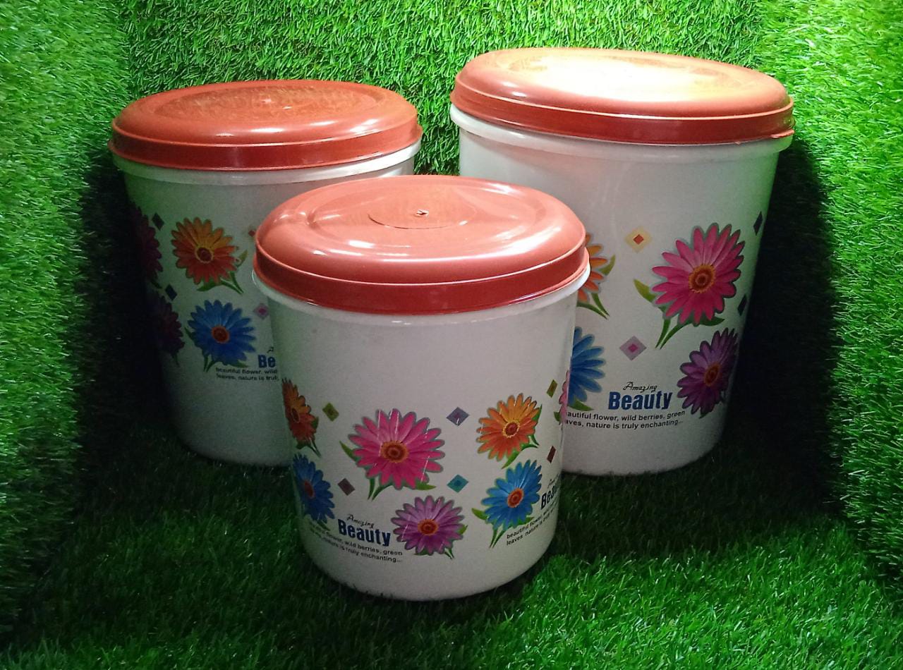 2062 Kitchen Airtight & Food Grade Plastic Floral Design Grocery Storage Container/Jar. Set of 3pcs - 5000ML, 7000ML, 10000ML DeoDap