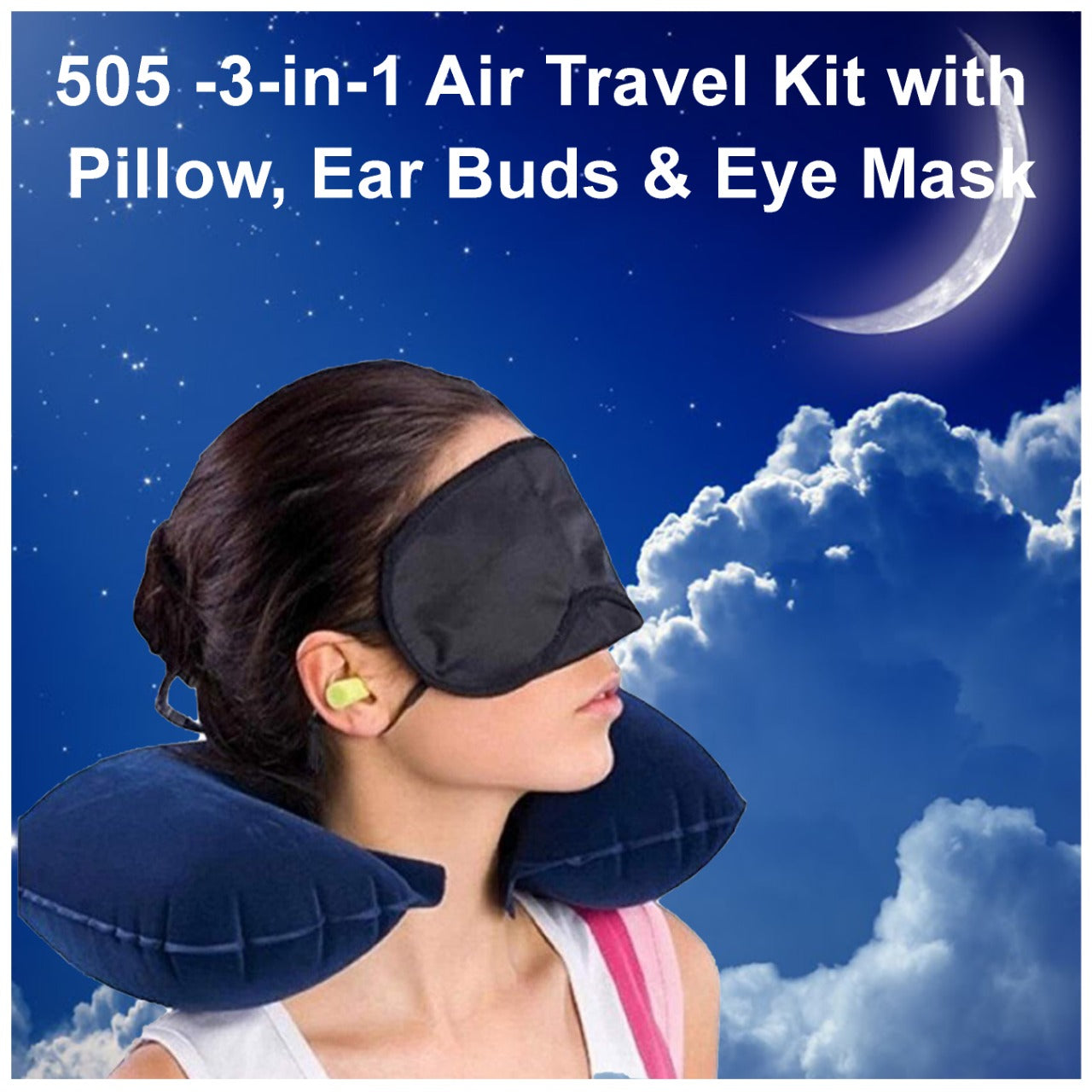 505 -3-in-1 Air Travel Kit with Pillow, Ear Buds & Eye Mask Your Brand WITH BZ LOGO